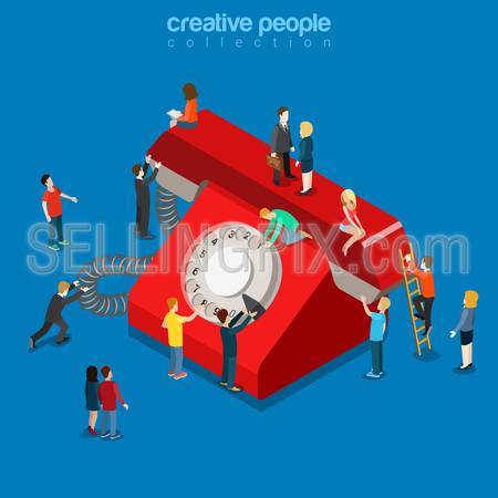 Classic wired disc telephone flat 3d isometry isometric concept web infographics vector illustration. Huge phone and micro people dialing disc. Creative people collection.