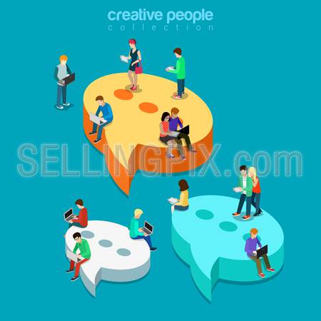 Chat messaging communication flat 3d isometry isometric concept web vector illustration. Message bubbles and young joyful male female sitting laptop tablet phone. Creative technology people collection