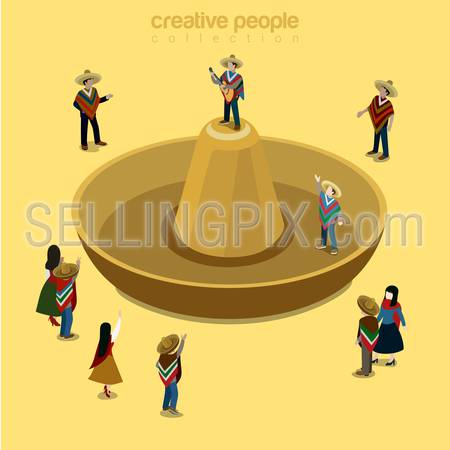 Sombrero Mexican style flat 3d isometry isometric concept web vector illustration. Stylish male wearing high-crowned wide-brimmed headwear attire and classic guitar singer. Creative people collection.