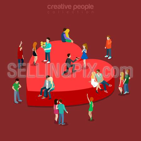 Love flat 3d isometry isometric concept web vector illustration. Heart shape pedestal and sitting lover couple dating kissing marriage proposal. Creative people collection.