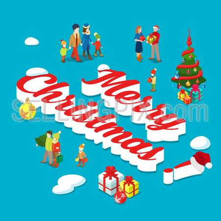 Merry Christmas flat 3d isometry isometric holiday concept web vector illustration set. Family couple children decorated fir tree postcard banner template. Creative people collection.