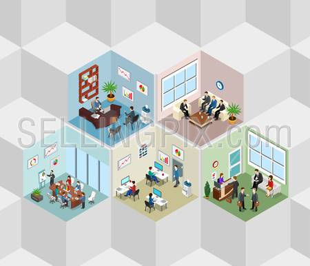 Office interior cells flat 3d isometry isometric concept web vector illustration. Boss meeting report manager reception room. Creative people collection.