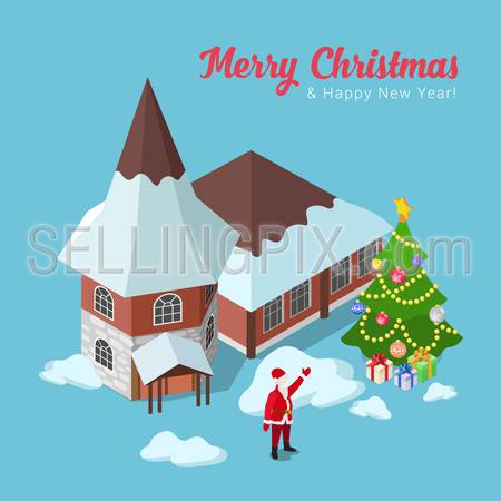 Merry Christmas Happy New Year flat 3d isometry isometric concept web infographics vector illustration leaflet flyer card postcard holiday template. Spruced fir tree house and Santa Claus.