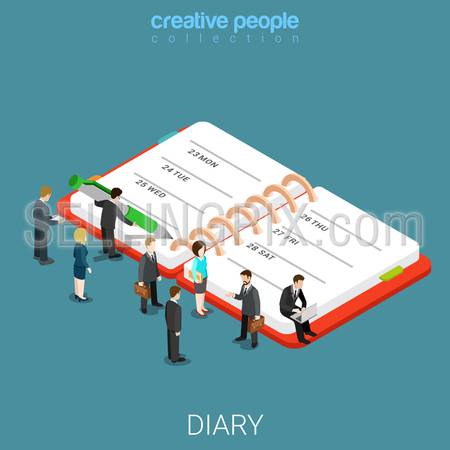 Diary schedule calendar planner flat 3d isometry isometric business concept web vector illustration. Micro businessmen and huge notebook. Creative people collection.