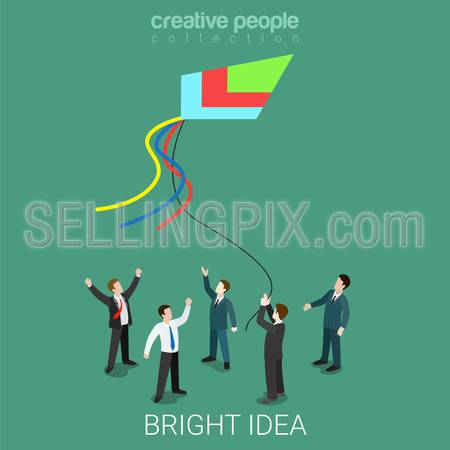 Bright idea kite running flat 3d isometry isometric prophecy and fate business concept web vector illustration. Creative people collection.