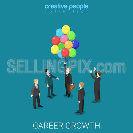 Career growth job change flat 3d isometry isometric business headhunting concept web vector illustration. Businessman fly out from crowd on balloons. Creative people collection.