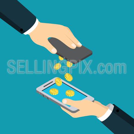 Mobile payment money transfer flat 3d isometry isometric financial transaction concept web vector illustration. Coin drop raining from one smart phone to another. Creative people collection.