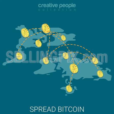 Bitcoin spread worldwide virtual economy influence flat 3d isometry isometric concept web vector illustration. World map bit coins connections. Creative people collection.