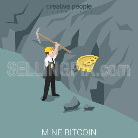Bitcoin miner mine process flat 3d isometry isometric concept web vector illustration. Worker with	
pick peck bit coin from mountain ore. Creative people collection.