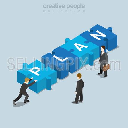 Plan puzzle piece flat 3d isometry isometric business concept web vector illustration. Businessman push puzzle piece P letter forming PLAN word. Creative people collection.