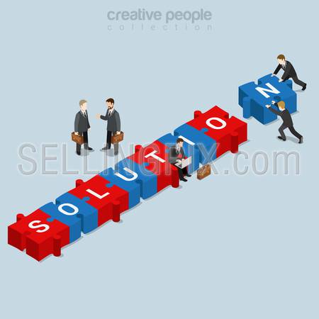 Solution puzzle piece flat 3d isometry isometric business concept web vector illustration. Businessman push puzzle piece N letter forming SOLUTION word. Creative people collection.