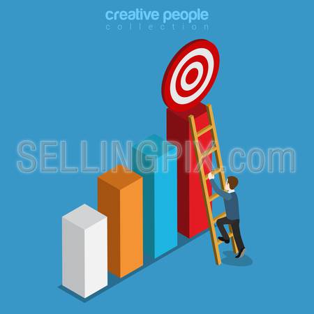 Reach target goal on top of bar graphic flat 3d isometry isometric buseinss concept web vector illustration. Businessman climbs ladder. Creative people collection.