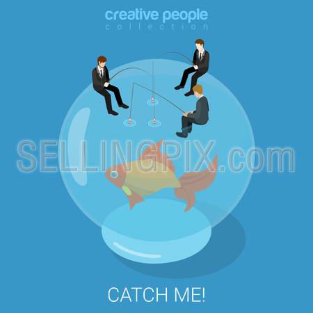 Catch goldfish fate destiny success flat 3d isometry isometric business concept web infographics vector illustration. Businessmen fishing gold fish in spheric aquarium. Creative people collection.