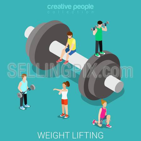 Weight lifting flat 3d isometry isometric sports concept web vector illustration. Big dumbbell and sports men women around. Creative sportsmen people collection.