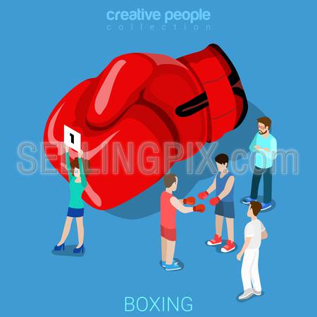 Boxing flat 3d isometry isometric sports concept web vector illustration. Boxing punch glove woman round sign boxer fighters referee coach. Creative people collection.