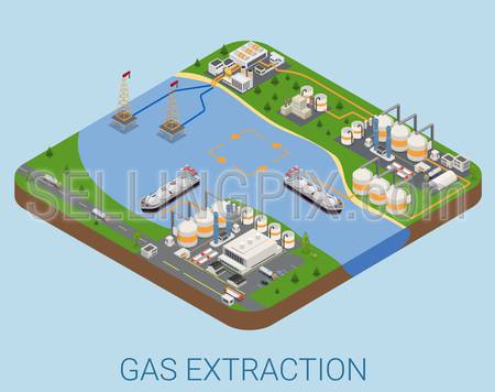 Gas extraction nautical process flat 3d isometry isometric concept web infographics vector illustration. Tanker refinery tower pipeline transportation.
