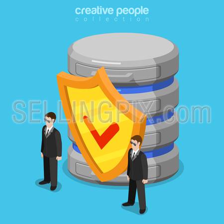 Data security software flat 3d isometry isometric technology concept web vector illustration. Two security guards standing before shield and database storage server. Creative people collection.