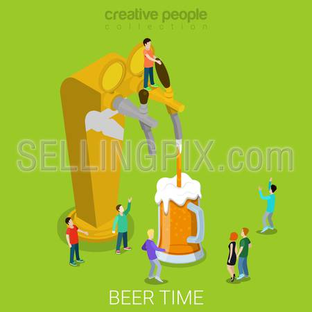 Beer pour machine flat 3d isometry isometric concept web vector illustration. Micro people pouring beer into glass. Creative people collection.