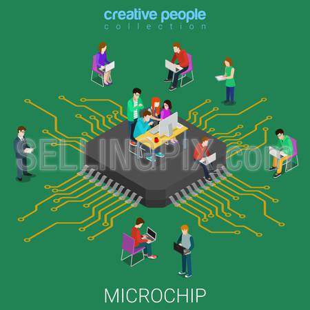 Microchip microprocessor programming code development flat 3d isometry isometric technology concept web vector illustration. Creative people collection.