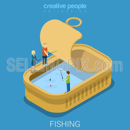 Canned tinned fish preserve flat 3d isometry isometric food concept web vector illustration. Micro people fishing in opened steel can. Creative people collection.