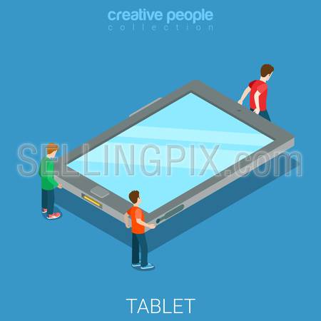 Tablet moving flat 3d isometry isometric technology concept web vector illustration. Young men bringing big empty touch screen tablet. Creative people collection.