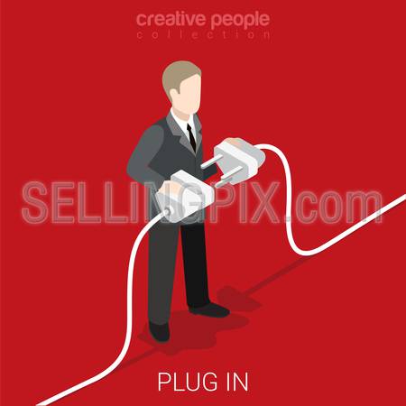 Power cord plug in flat 3d isometry isometric concept web vector illustration. Creative people collection.