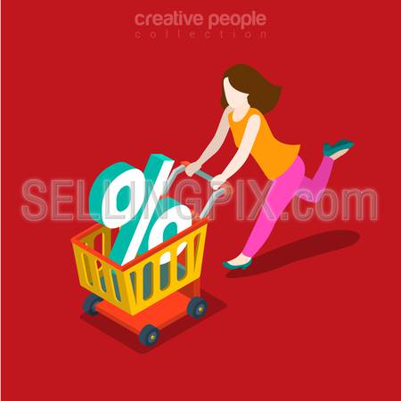 Sale rush flat 3d isometry isometric Black Friday consumerism concept web vector illustration. Woman running with shopping cart and percent sign in it. Creative people collection.