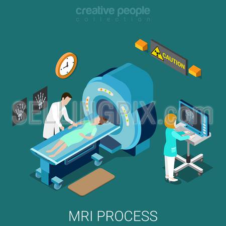 MRI process flat 3d isometry isometric hospital medical concept web vector illustration. Nuclear magnetic resonance imaging tomography room interior. Creative people collection.