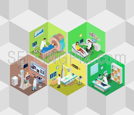 Hospital interior diagnostics cells flat 3d isometry isometric concept web vector illustration. MRI MRT x-ray pregnant ultrasonography medical diag rooms. Creative people collection.