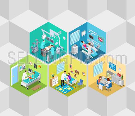 Hospital clinic interior operation ward cells flat 3d isometry isometric concept web vector illustration. Dentist surgeon surgery ophthalmologist oculist rooms. Creative people collection.