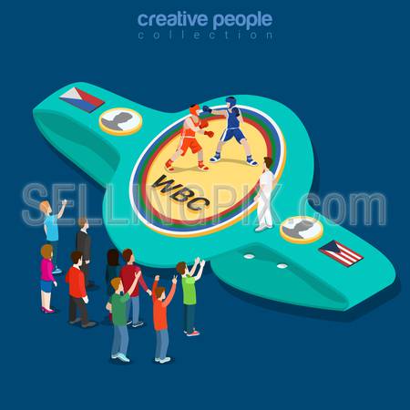 Boxing belt flat 3d isometry isometric sports concept web vector illustration. Boxer fighters fighting competition show referee coach. Creative people collection.