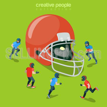 Football helm protection hat flat 3d isometry isometric sports concept web vector illustration. Huge helmet and match play players team around. Creative people collection.
