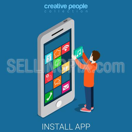 Install download get mobile app flat 3d isometry isometric concept web vector illustration. Young man place big icon of new application on big smart phone touch screen. Creative people collection.