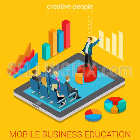 Mobile business education online course flat 3d isometry isometric concept web vector illustration. Businessman teacher coach pie chart pedestal indicator graphic in class. Creative people collection