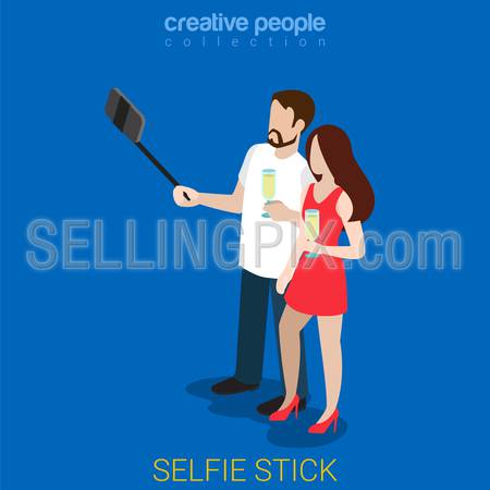 Selfie stick flat 3d isometry isometric concept web vector illustration. Couple party self smart phone photo with champagne glasses. Creative people collection.