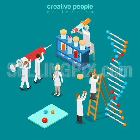 Gene engineering chemical pharmaceutics flat 3d isometry isometric concept web vector illustration. Genetic lab micro people syringe DNA chain test tube pipette doctor. Creative people collection.
