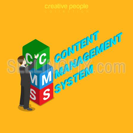 CMS content management system flat 3d isometry isometric concept web vector illustration. Businessman placing box with C M S letters. Creative people collection.