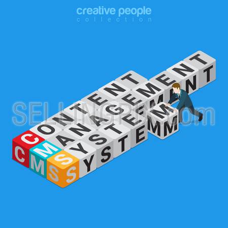 CMS content management system flat 3d isometry isometric concept web vector illustration. Businessman placing box with C M S letters. Creative people collection.