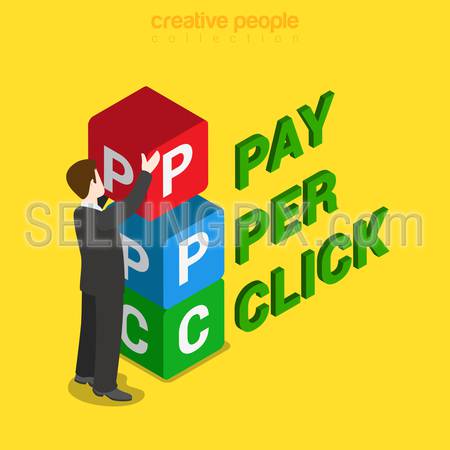 PPC pay per click flat 3d isometry isometric concept web vector illustration. Businessman placing box with P P C letters. Creative people collection.