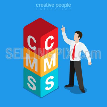 CMS content management system flat 3d isometry isometric concept web vector illustration. Businessman stand by C M S letters box stand. Creative people collection.