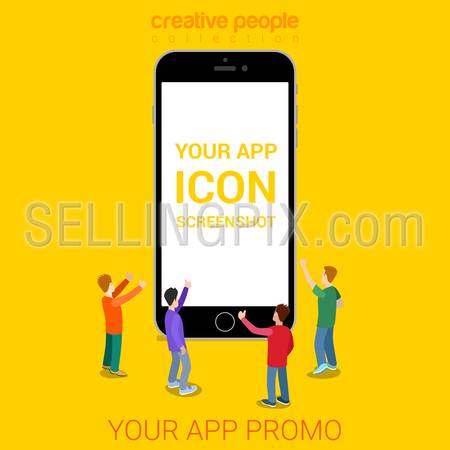 Your mobile app mockup showcase flat 3d isometric template vector illustration. Big smartphone and happy young stylish casual people. Creative technology collection.
