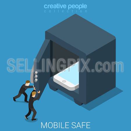 Mobile data safe flat 3d isometry isometric technology security online safety concept web vector illustration. Micro security officers closing safe door after smartphone. Creative people collection.