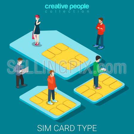 SIM card type size flat 3d isometry isometric concept web vector illustration. Micro people standing on classic big, micro and nano mobile phone chip cards. Creative people collection.