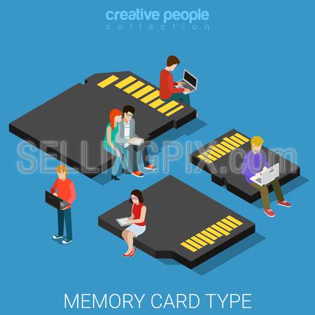 Memory card type size flat 3d isometry isometric data storage concept web vector illustration. Micro people standing on classic SD, mini and micro security digital MMC. Creative people collection.
