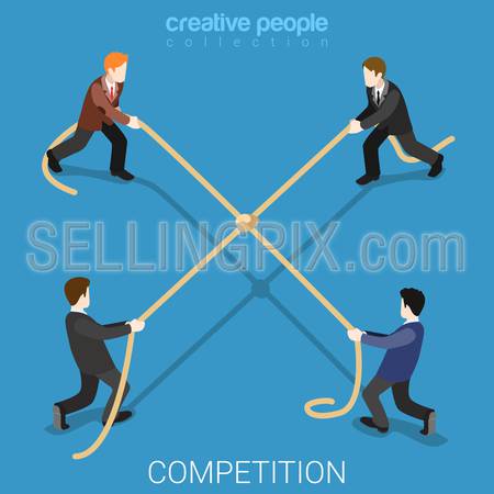Business competition tie flat 3d isometry isometric concept web vector illustration. Businessmen tug-of-war rope pulling four sides draw knot node in center. Creative people collection.