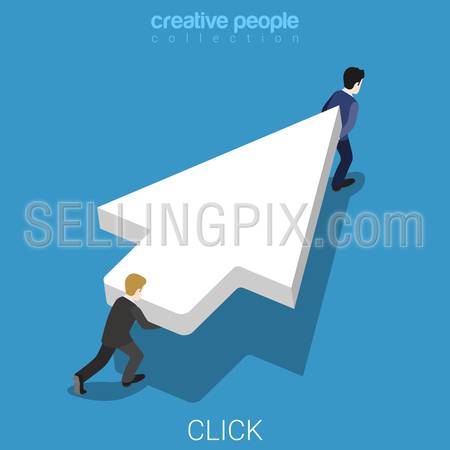 Click flat 3d isometry isometric internet marketing advertisement concept web vector illustration. Two micro businessmen carry huge white mouse cursor pointer. Creative people collection.