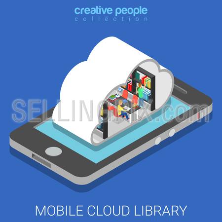 Mobile cloud library flat 3d isometry isometric technology education concept web vector illustration. Micro young men in cloud shape lib room on big smartphone screen. Creative people collection.