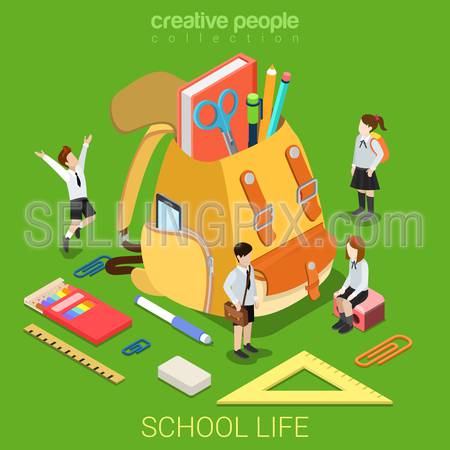 School life flat 3d isometry isometric primary education concept web vector illustration. Schoolboy schoolgirl stationery accessory around big rucksack backpack. Creative people collection.