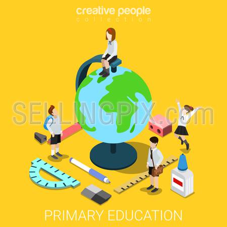 School life geography flat 3d isometry isometric primary education concept web vector illustration. Schoolboy schoolgirl stationery accessory around big globe. Creative people collection.