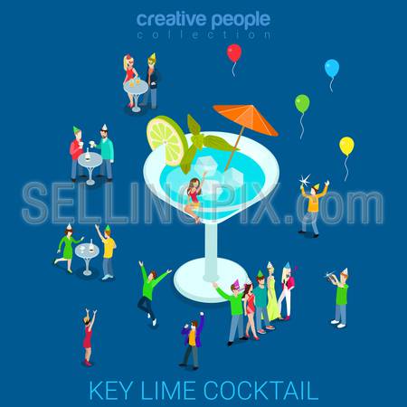 Key lime vermouth cocktail flat 3d isometry isometric alcohol beverage concept web vector illustration. Micro people dance club party and big glass. Creative people collection.